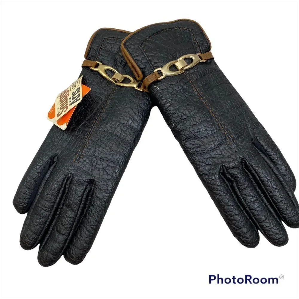 Vintage New With Tags Snuggler by Aris Black‎ Faux Leather Gloves Size Large